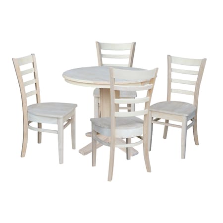 International Concepts 36 in. Solid Wood Round Extension Dining Table with 4 Dining Chairs, Unfinished K-36RXT-23B-C617-4